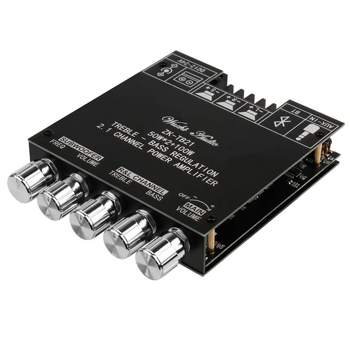 Платка за аудио усилвател Rqiurpn ZK-TB21, 2.1CH, 50W+50W+100W, Bluetooth 5.0, AUX, Subwoofer, Изход за ляв и десен канал, черен, 12x10cm