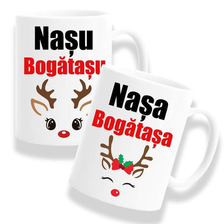 Set 2 cani personalizate cu mesaj: "Nasu Bogatasu, Nasa Bogatasa", model de Craciun ren, Betaprint, ceramica, 330ml
