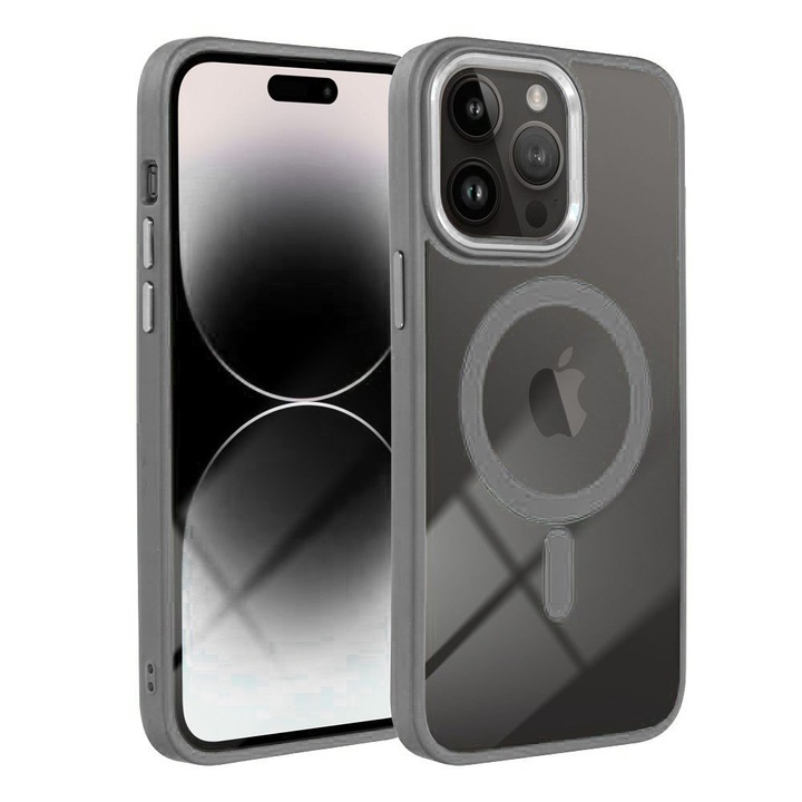 Husa pentru iPhone 15 Pro Premium Magcover Edge, Magsafe integrat, Calitate superioara, Antisoc, Protectie colturi, Transparenta cu margini Gri
