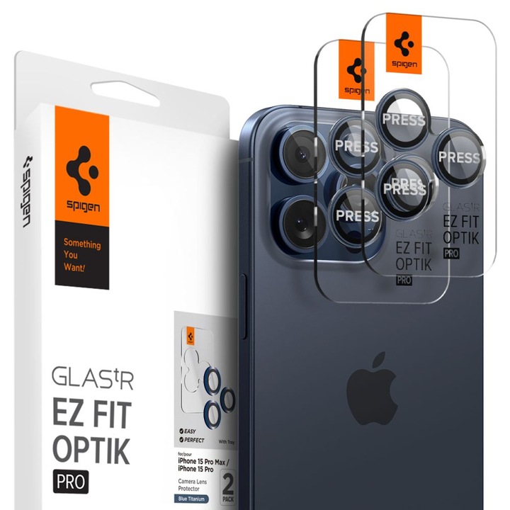 Kamerafilm iPhone 14 Pro / Pro Max / 15 Pro / Pro Max / 16 Pro / Pro Max készülékhez (2 db-os készlet) - Spigen Glas.tR Optik EZ Fit Pro - Kék Titán