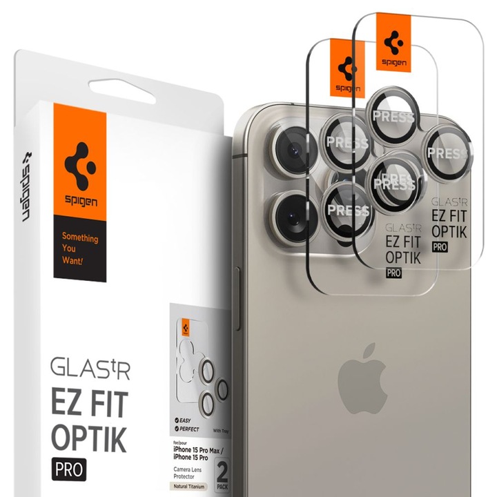 Kamerafilm iPhone 14 Pro / Pro Max / 15 Pro / Pro Max / 16 Pro / Pro Max készülékhez (2 db-os készlet) - Spigen Glas.tR Optik EZ Fit Pro - Természetes Titán