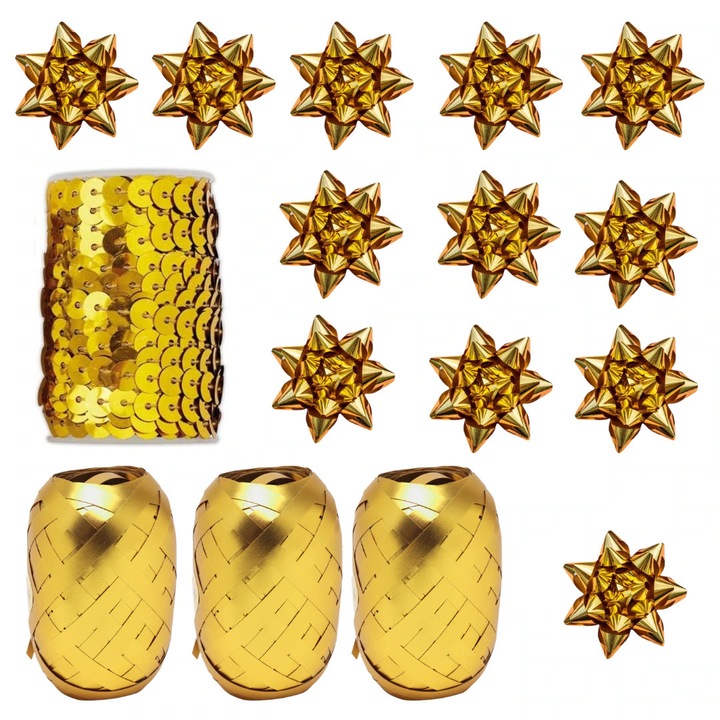 Set Pentru Impachetat Cadouri, Openhome, 3 Panglici + 12 Funde Cu Banda + Banda Cu Sclipici, Finisaj Auriu Stralucitor, Ideal Pentru Decorarea Cadourilor De Sarbatori, Panglici 5 mm, Lungime Pana La 20 m