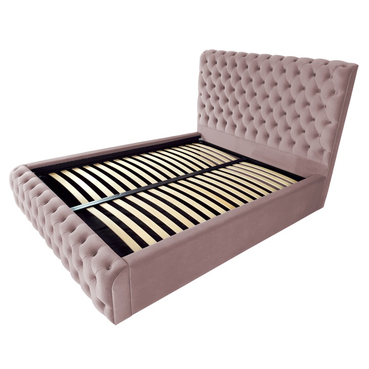 Pat tapitat Ruby,140x200cm, somiera metalica rabatabila, spatiu depozitare, roz prafuit