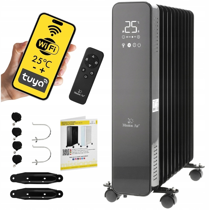 Електрически маслен нагревател, MissionAir, OSLO, 2500W, WiFi, за 25 м², 5-35℃, LCD, 23.5x63x44.5 см, Черен