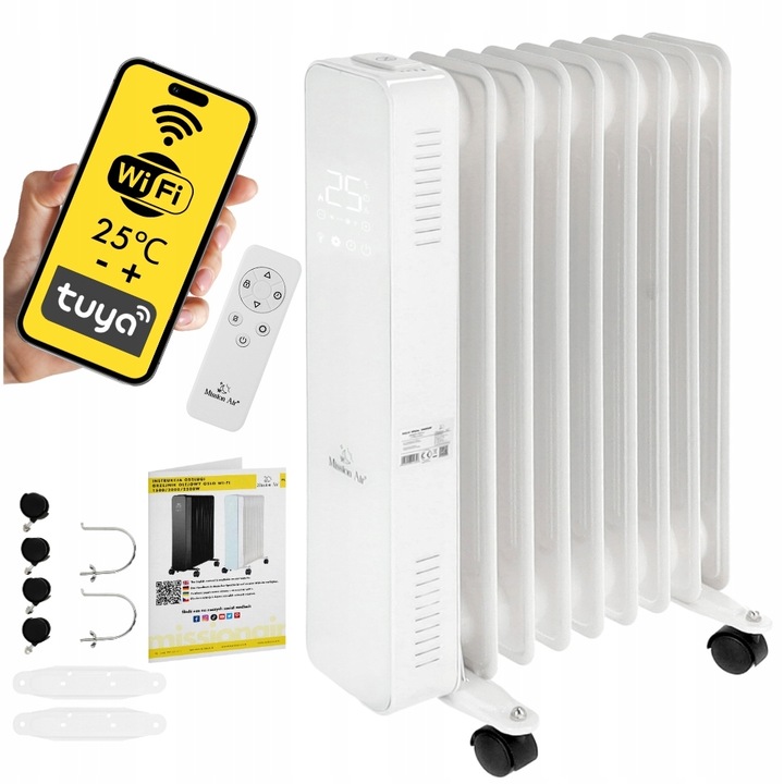 Calorifer electric cu ulei, MissionAir, OSLO, 2000W, WiFi, pentru 20m², 5-35℃, LCD, 23.5x63x37, 5cm, Alb