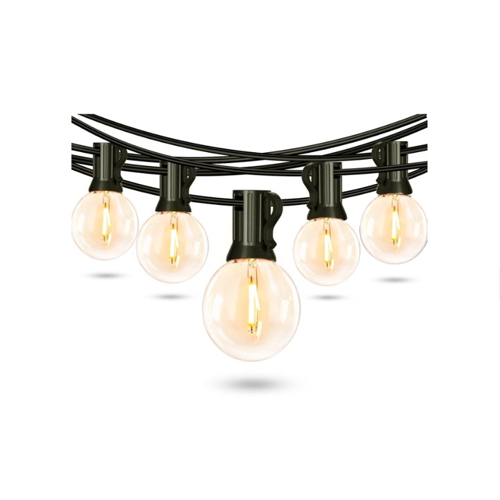 LED dekoratív fényfüzér, 25+2 LED G40 izzóval, meleg fény, 14 m, IP44, ütésálló, vízálló, porálló, kül- és beltérre, ideális rendezvényekre, bulikra, karácsonyra, halloweenre, minden évszakra