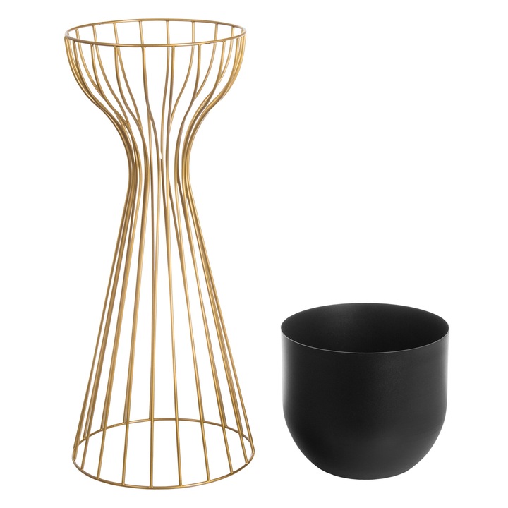 Set suport cu ghiveci, Otel, 56 cm, Negru / Auriu