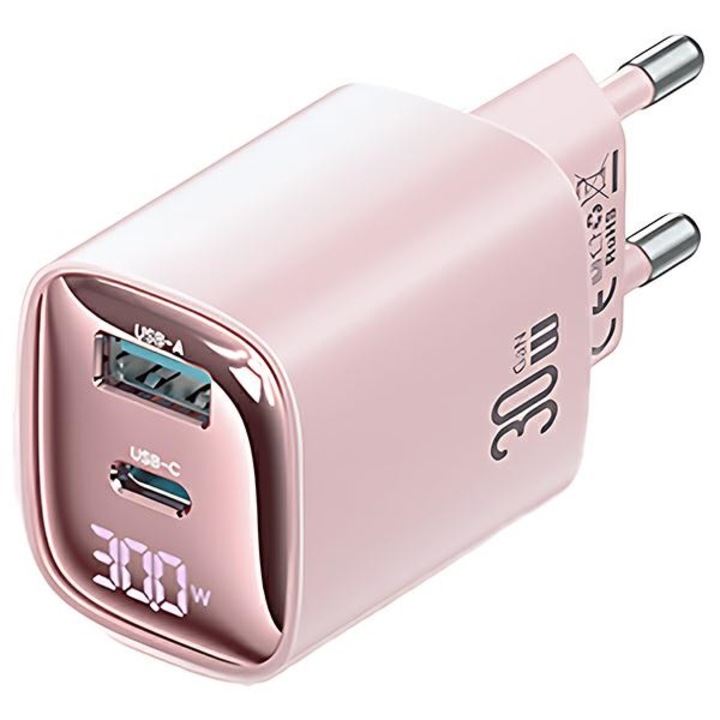 USAMS CC229 hálózati töltő USB+Type-C aljzat (30W, GaN, PD gyorstöltő, LED kijelző) RÓZSASZÍN