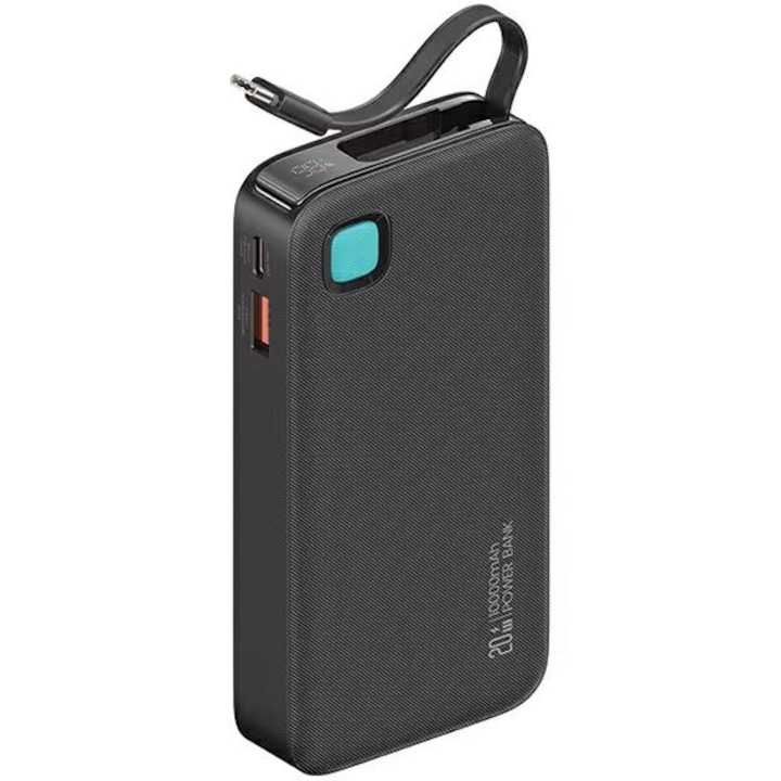 Външна батерия USAMS, 10000 mAh, 20 W, USB-C, Прибиращ се, Черен, 66x24x133mm