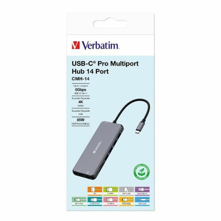Hub multiport Verbatim USB-C, 14 port, SilverHDMI, VGA, RJ45, SD, microSD, USB-C PD, USB A, Audio Jack