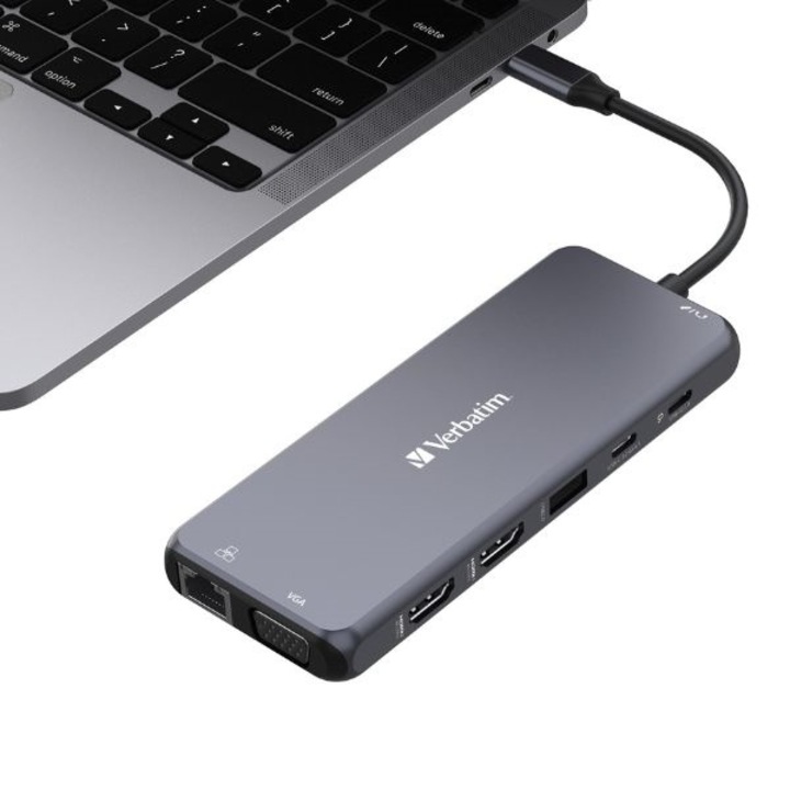 Hub multiport Verbatim USB-C, 14 port, SilverHDMI, VGA, RJ45, SD, microSD, USB-C PD, USB A, Audio Jack