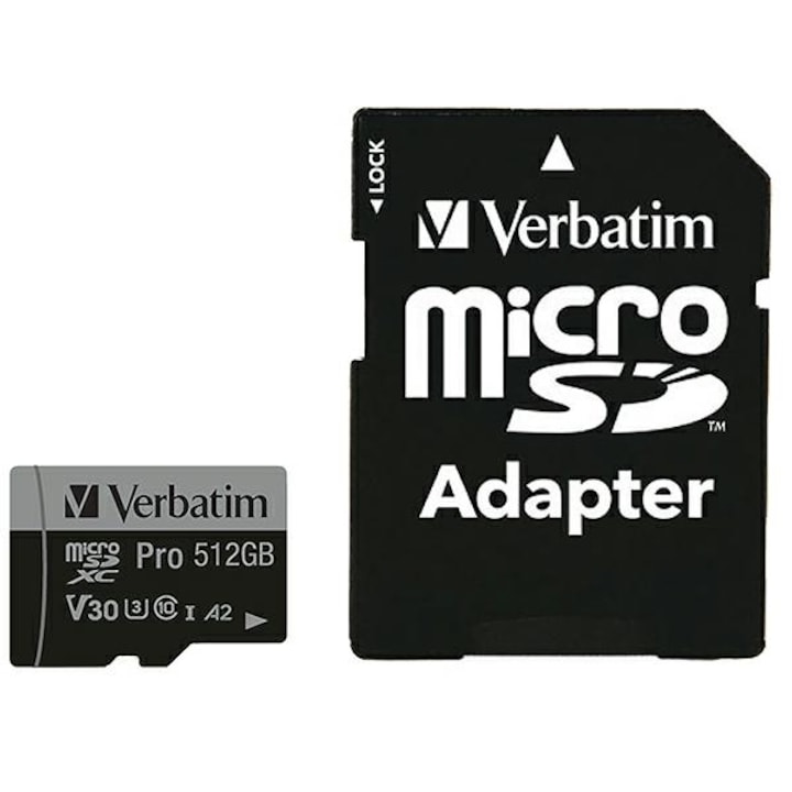 Card de memorie Verbatim Pro U3 MicroSDXC, 512GB, Clasa 10 + Adaptor