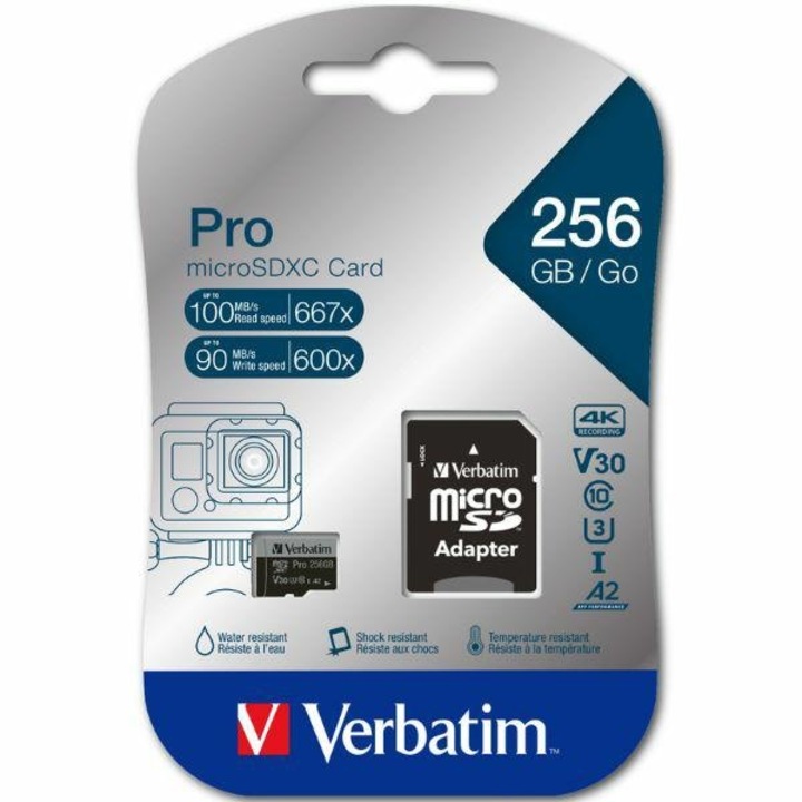 Card de memorie Verbatim Pro U3 MicroSDXC, 512GB, Clasa 10 + Adaptor