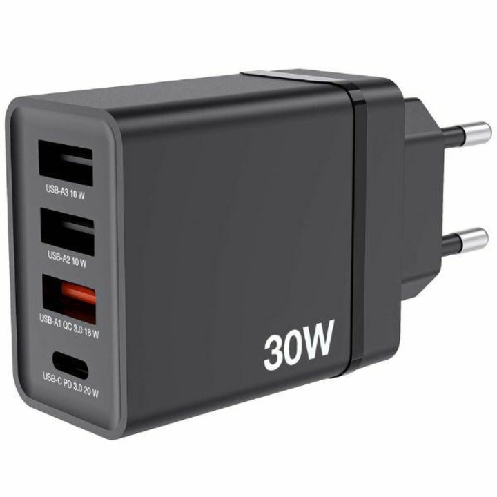 Verbatim 30 W-os fali töltő 4 USB porttal, USB-C PD 20 W, fekete, méretek 91,2x45,7x27,5 mm