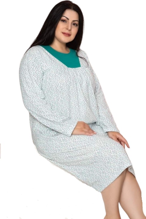 Camasa de noapte, vatuita, StarFashion, cu maneca lunga, imprimeu floral, Verde