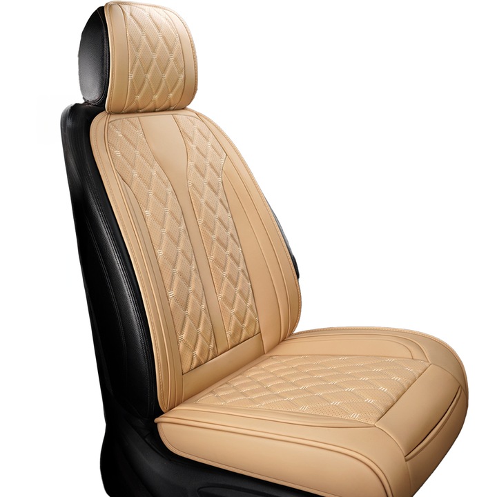 Husa Scaune Auto Elindor® Piele PU, Universale, pentru Scaunele din Fata la Masina, Antialunecare, Design Modern, Bej