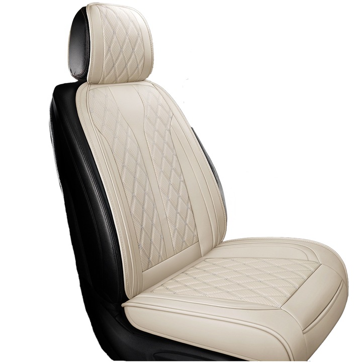 Husa Scaun Auto Elindor® Huse Universale pentru Protectie Sezut si Spatar Scaune Fata, Piele PU, Buzunar Depozitare, Antialunecare, Accesorii Masina Huse Interior, Usor de Curatat, 53 x 52 cm, Bej Deschis