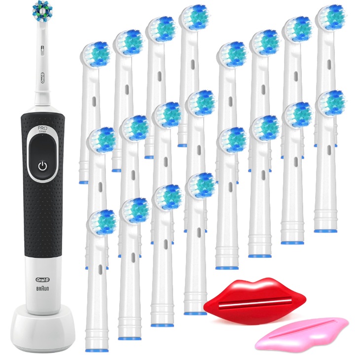 Комплект електрически четки за зъби, Oral-B, Vitality 100, черни, 20 допълнителни глави (сменяеми), изстисквачка за паста за зъби