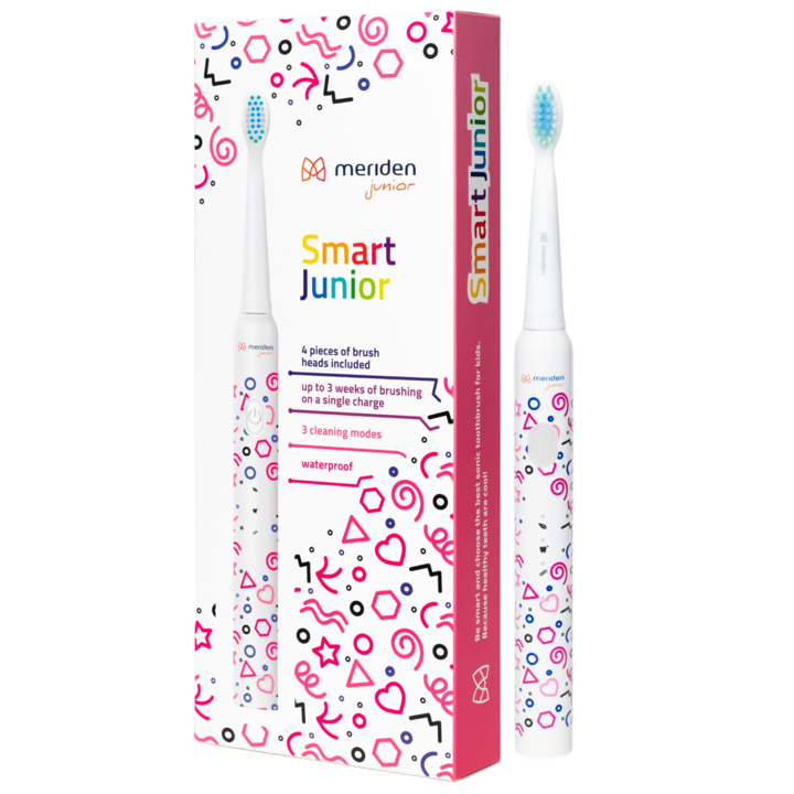 Periuta dinti electrica sonica pentru copii, Meriden, Smart Junior, 36 000 pulsatii, 3 programe, 4 capete, Roz