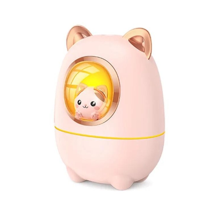 Umidificator ultrasonic cu difuzor de uleiuri esentiale, pisicuta, 200ml, culoare roz