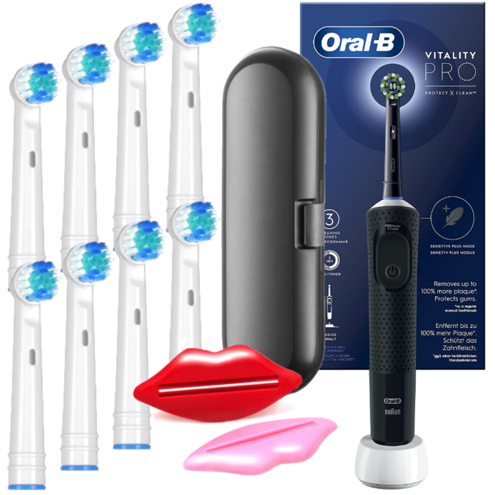 Комплект, електрическа четка за зъби Oral-B Vitality Pro, 2D почистване, 3 програми, черна, 8 резервни глави, куфар за пътуване, 2x екстрактори за паста