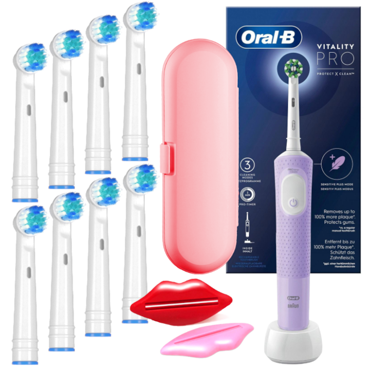 Комплект, електрически четки за зъби, Oral-B Vitality PRO Protect X Clean, Violet, 8x резервни глави, куфар за пътуване, 2x екстрактори за паста