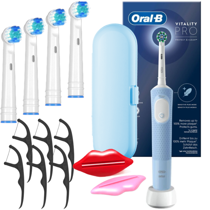 Комплект, електрически четки за зъби, Oral-B Vitality PRO Protect X Clean, алабастър, 4x резервни глави, куфар за пътуване, 2x изстисквачки за паста, конец за зъби