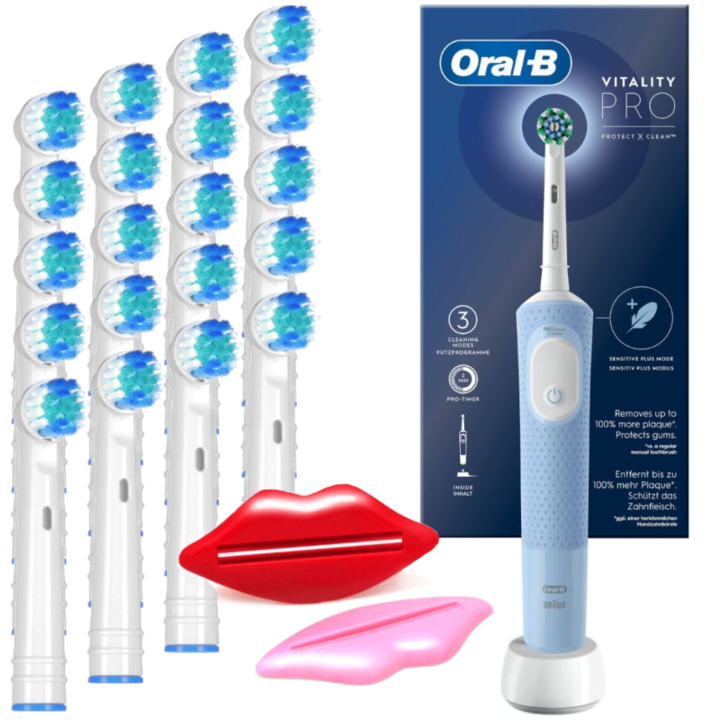 Комплект, електрически четки за зъби, Oral-B Vitality PRO Protect X Clean, алабастър, 20x резервни глави, 2x екстрактори за паста