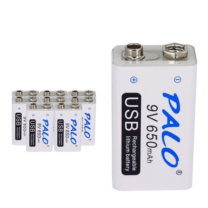 Set 8 Baterii Reincarcabile 9V Li-Ion, 650mAh, USB, 26x49mm