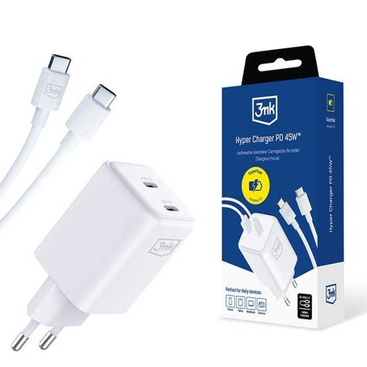 Hálózati töltő 3MK Hyper Charger PD 45W fehér, szett 2 db USB-C / USB-C kábellel, kompakt kialakítás