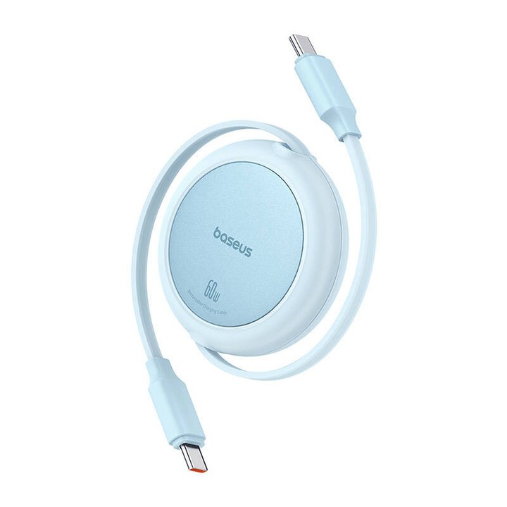Кабел за данни, Baseus, USB-C - USB-C, Free2Pull Mini, 60W, прибиращ се, 1 м, 480 Mbps, светлосин