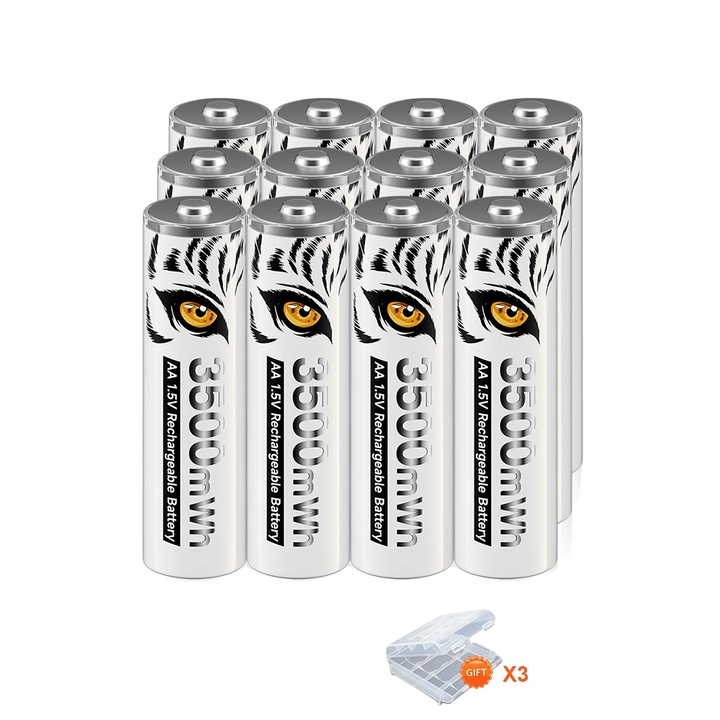 Set 12 Baterii cu suporturi, Reincarcabil, AA, Li-Ion, 1.5V, 3500 mWh, Alb