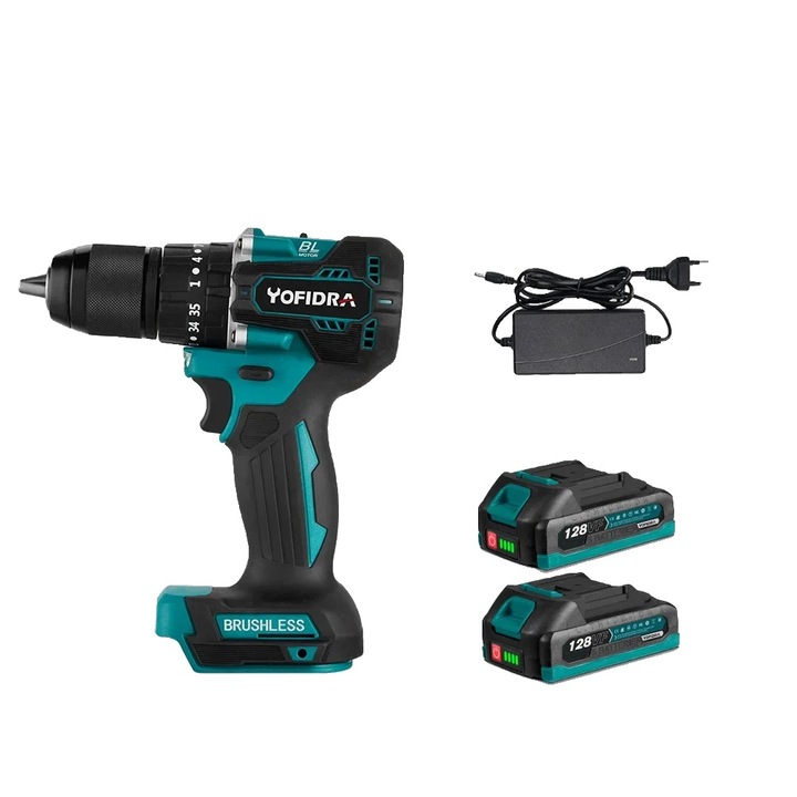 Masina de gaurit si insurubat electrica fara fir Yofidra, 35+3 setari de cuplu, 2 acumulatori, priza EU, motor fara perii