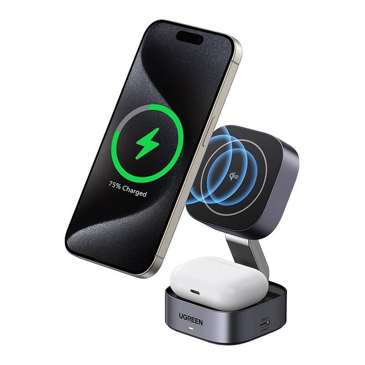 2in1 Inductive Qi Charger Ugreen W702 for iPhone, AirPods, 15W (gray) (UGR1873)