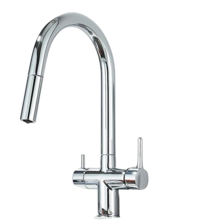 Смесител за кухня, смесител с два лоста, топла и студена вода, въртене на 360°, месинг, хром