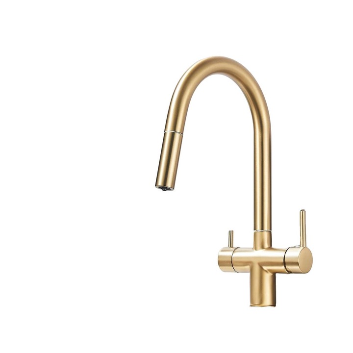 Konyhai csaptelep, csaptelep két karral, hideg-meleg víz, 360°-ban forgó, sárgaréz, csiszolt arany