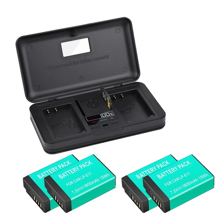 Pachet baterii LP-E17 pentru Canon, incarcator dual, capacitate 1800mAh, port Type-C, 137x78x29mm