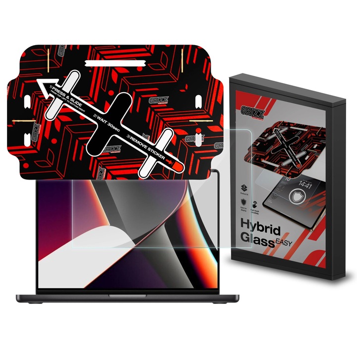 Sticla hibrida Grizz HybridGlass Easy cu rama pentru montaj, protectie impotriva zgarieturilor, transparenta, pentru Apple MacBook Pro 16"