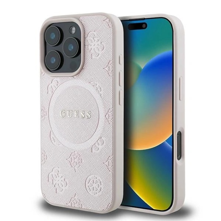 Калъф за телефон, Guess, Saffiano Peony Classic Logo MagSafe, розов, за iPhone 16 Pro, TPU/Екологична кожа