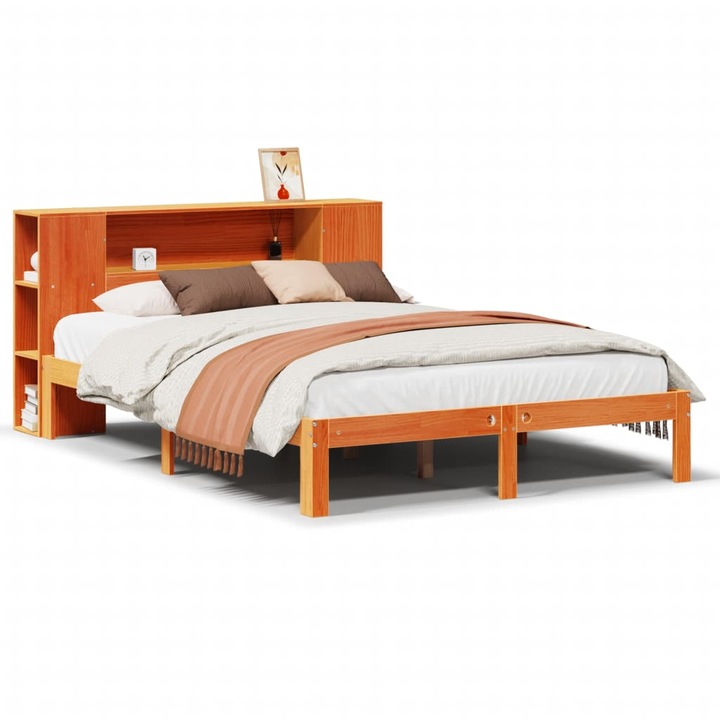 vidaXL barna tömör fenyőfa könyvespolcos ágy matrac nélkül 135 x 190cm 3322526