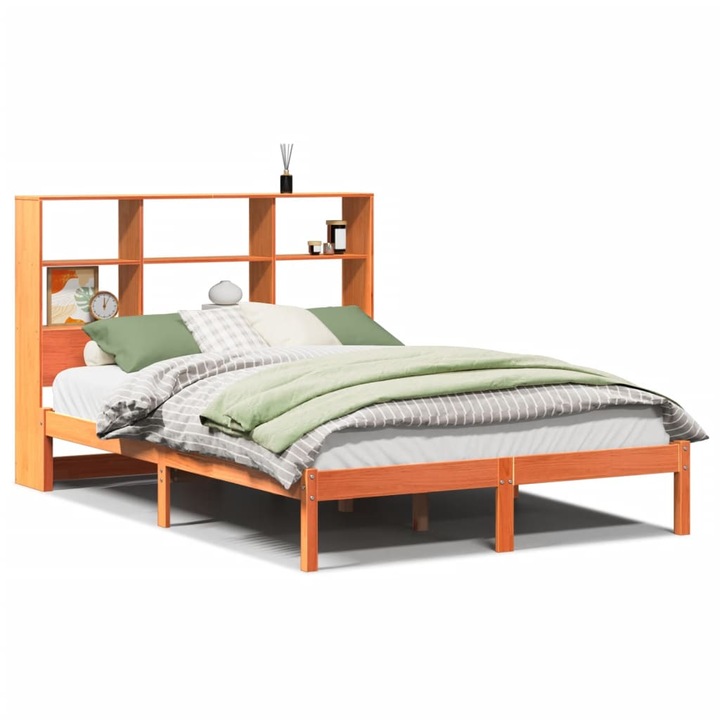 vidaXL barna tömör fenyőfa könyvespolcos ágy matrac nélkül 120 x 190cm 3321599