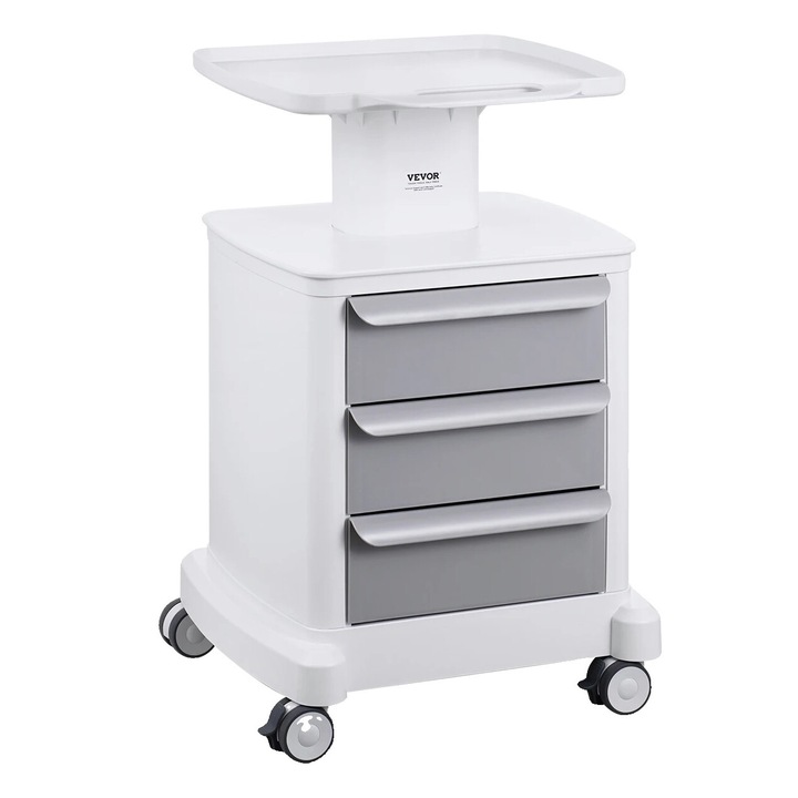 Carucior de laborator, tray din PP, 110 lbs capacitate, roti PU, alb, dimensiuni 70.5x44.5x90 cm