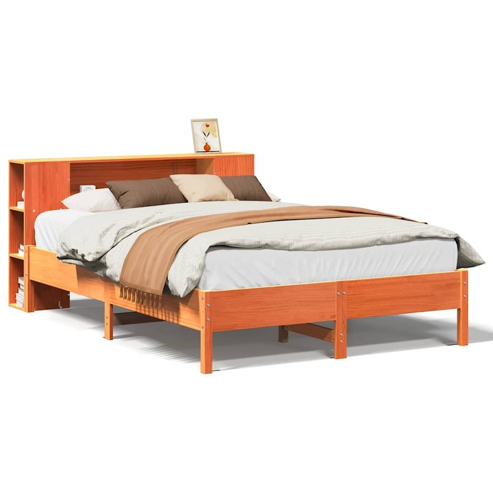 vidaXL barna tömör fenyőfa könyvespolcos ágy matrac nélkül 140 x 190cm 3322839