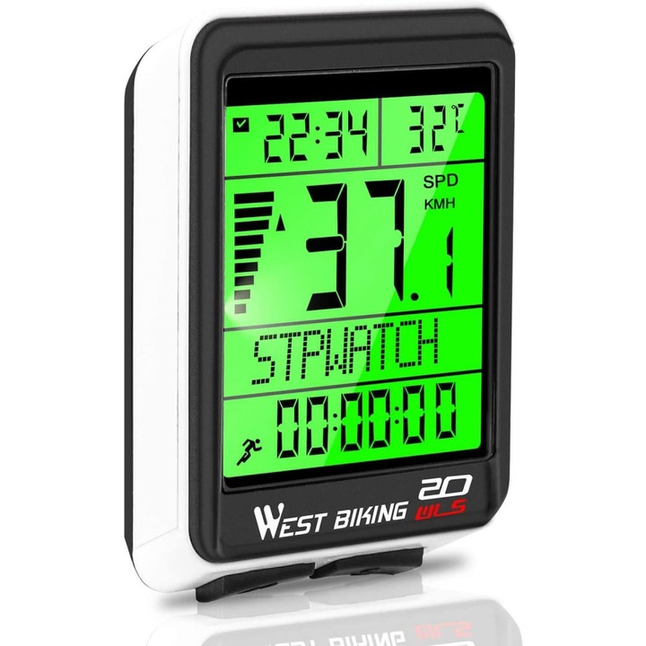 Kerékpárkomputer, West Biking, Vezeték nélküli, 5 idegen nyelv, Vízálló, Nagy LCD képernyő, 4,4 x 6 x 1,5 cm, Fehér / Fekete