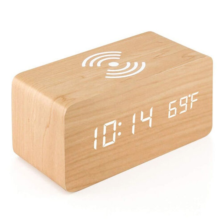 Ceas cu alarma din lemn cu radio FM, Enforose, lumini LED, porturi duble de incarcare USB, cadou ideal pentru copii