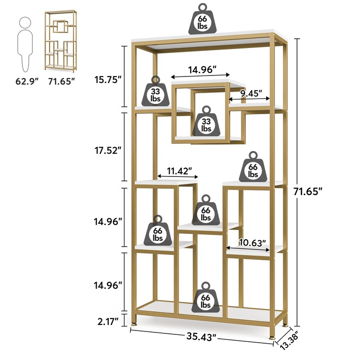Rack Tribesigns, 200cm biblioteca aurie inalt si 11 rafturi, lemn MDF, 180x 90x 35cm