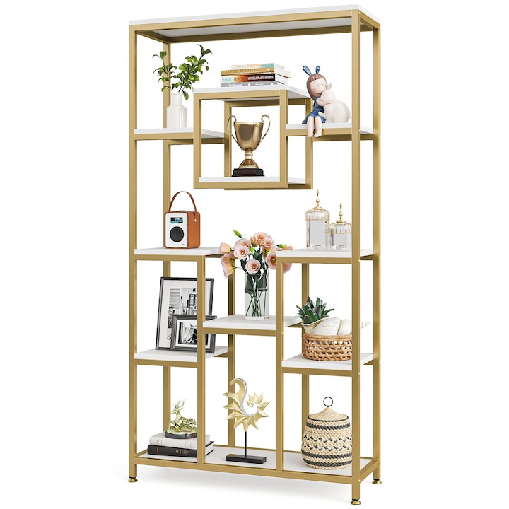 Rack Tribesigns, 200cm biblioteca aurie inalt si 11 rafturi, lemn MDF, 180x 90x 35cm