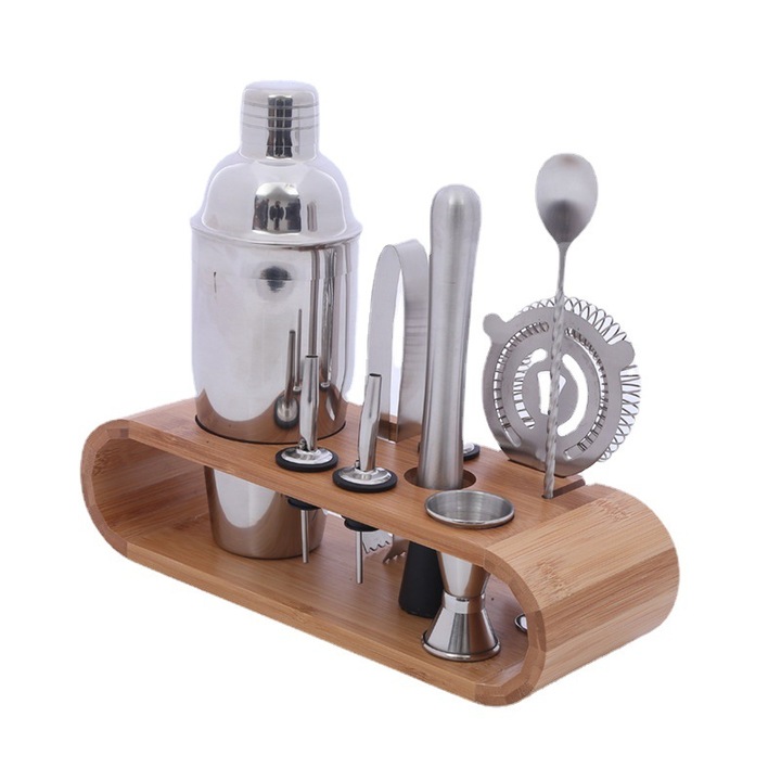 Rozsdamentes acél koktélshaker készlet, 10 darabos, ovális fa talppal, 750ml