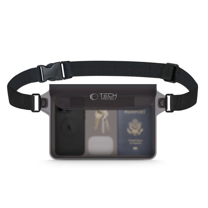 Tok, Tech-Protect Waterproof Pouch, 10” méretű telefonokhoz, Fekete és félig átlátszó