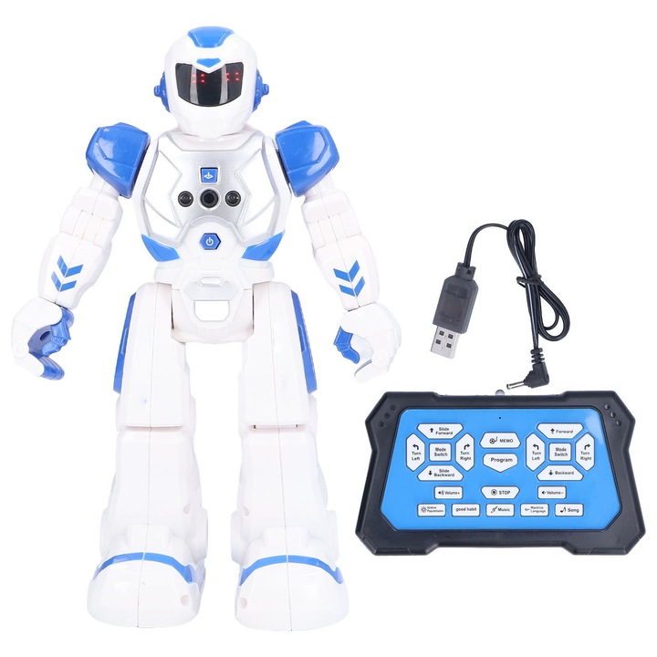 Játékrobot, Mmgoqqt, mozgatható csuklókkal, távirányítóval, infravörös érzékelővel, kék/fehér
